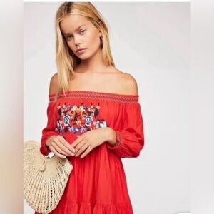 Free People Sunbeams red floral embroidered off-the-shoulder mini dress.